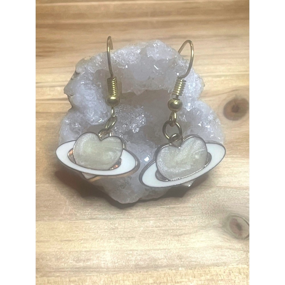 14K Gold Plated Heart Planet White Pearlescent Earrings -Celestial Jewelry -New